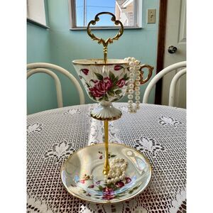 Floral Lustreware Teacup 2-Tier Jewelry Stand Iridescent Vanity Tray